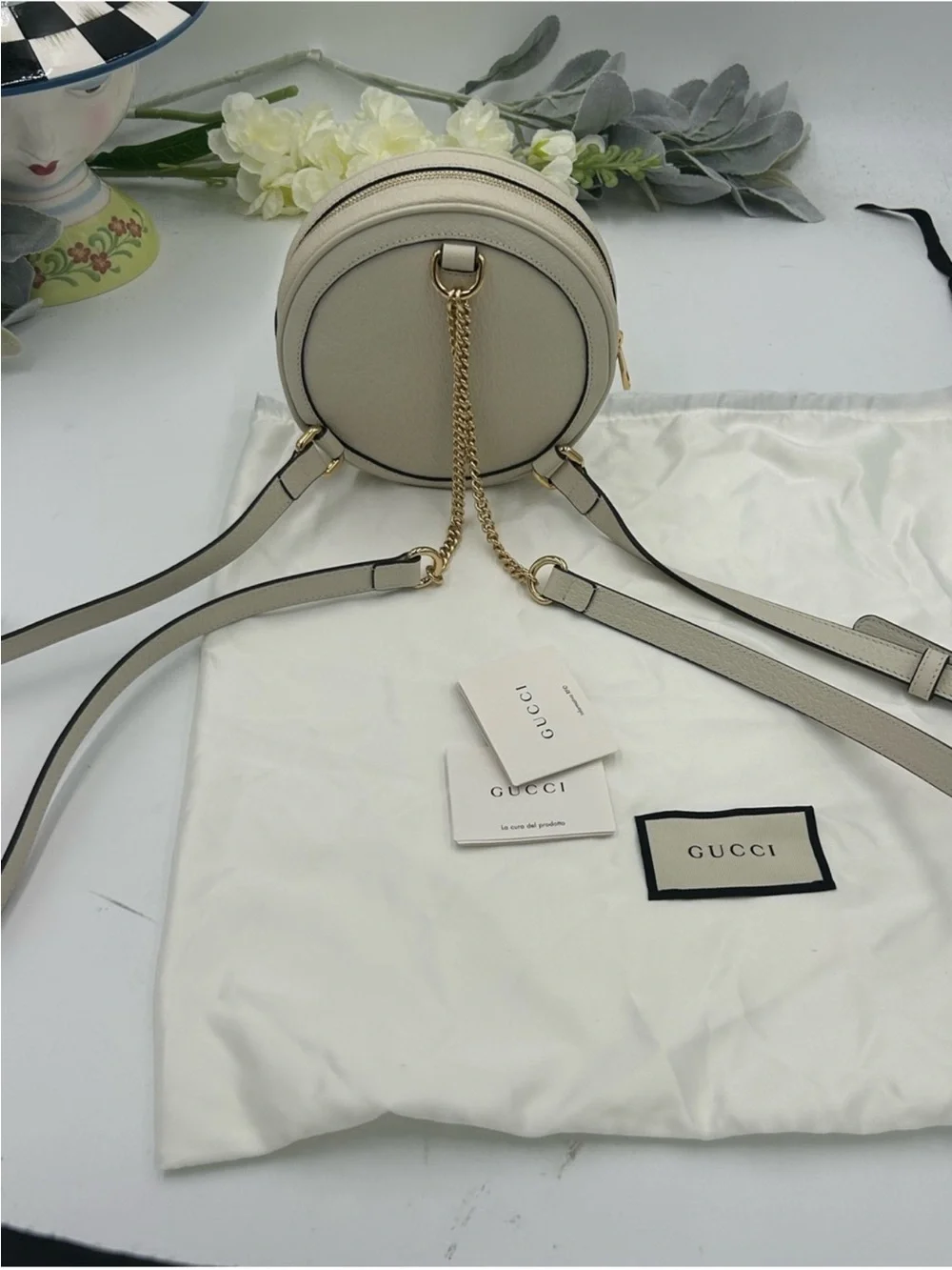 Gucci, Ophidia, mini round backpack featuring iconic gold tone double G logo NWT